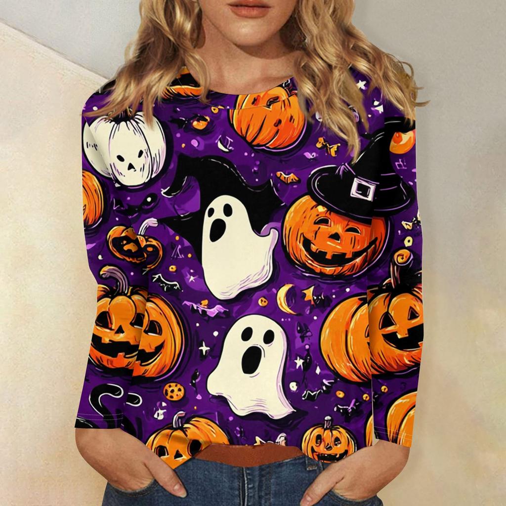 Women's Fashion Casual Halloween Printed Round Neck Long Sleeve Pullover Top