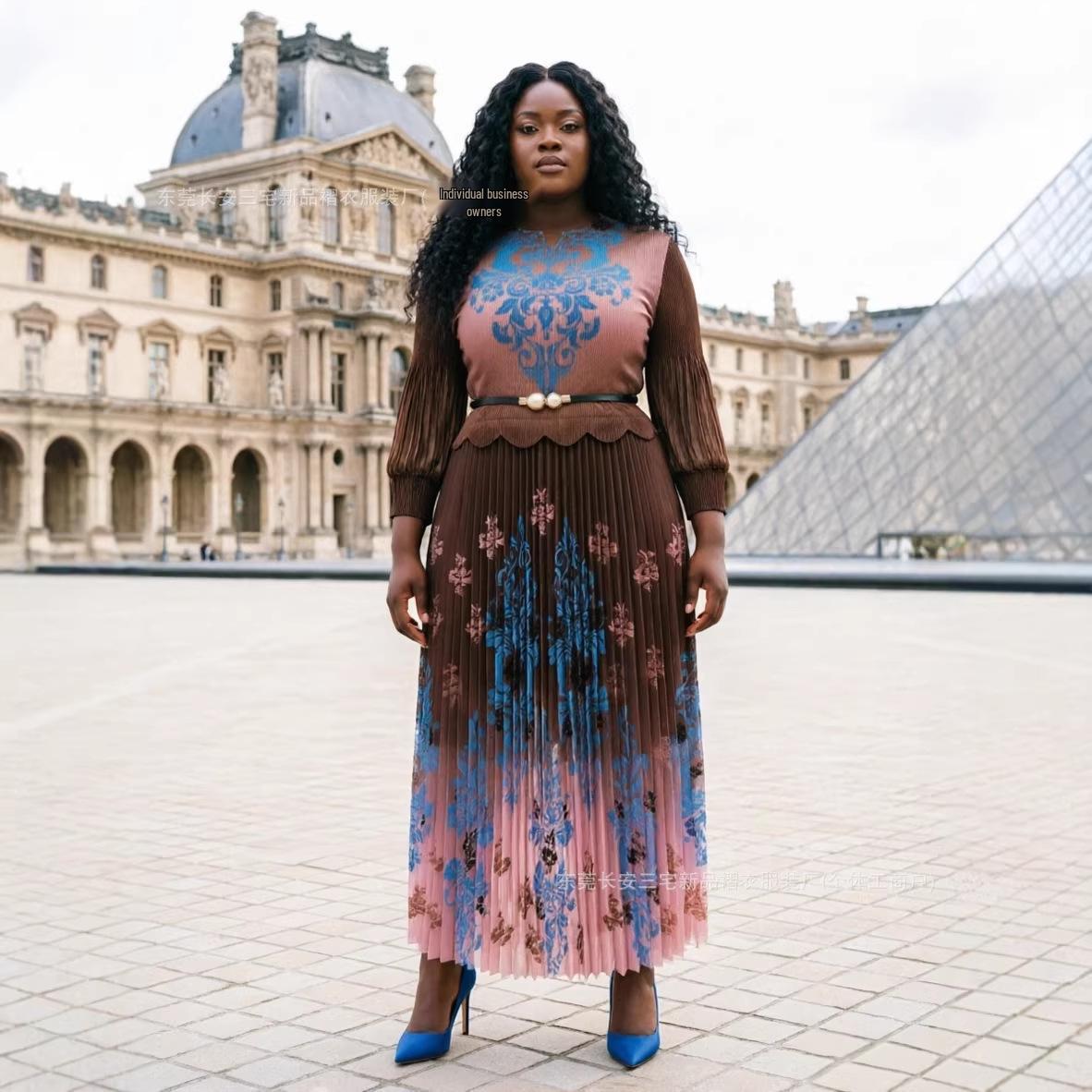 

Plus Size African Elegant Long Sleeve Pleated Dress with Waist-Cinching Printed Skirt, European and American Fashion. One Size (80/160 kg)