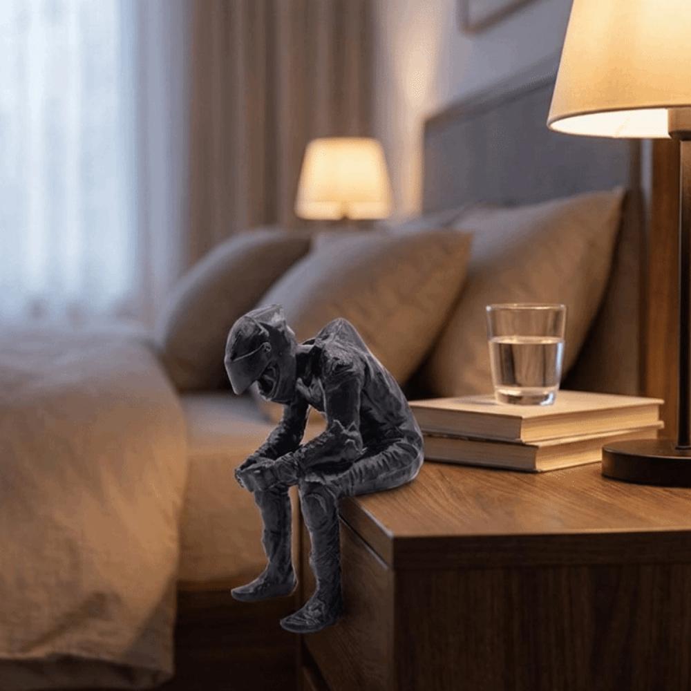 3D Printed Racing Style Seated Figurine Black Motorcyclist Art Statue Desktop Decor