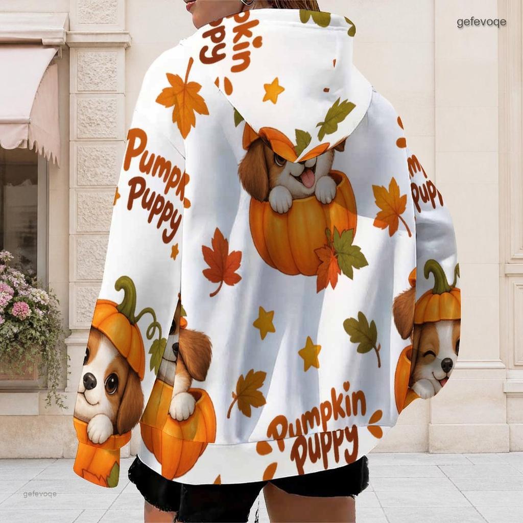 Women Plus Size Zip Up Long Sleeve Hoodie Cute Ghost Witch Printed Drawstring Hood Pockets White