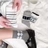 Korean Style Mid-calf Socks Grey Checkered Boneless Pile Socks New Cotton Socks  Spring Summer