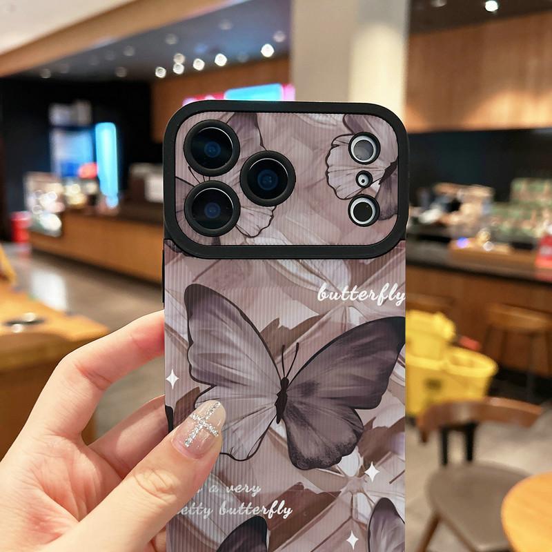 Butterflies Printed Vertical Grain Leather Soft Silicone Phone Case Back Cover with Camera Lens Full Protection for iPhone 17