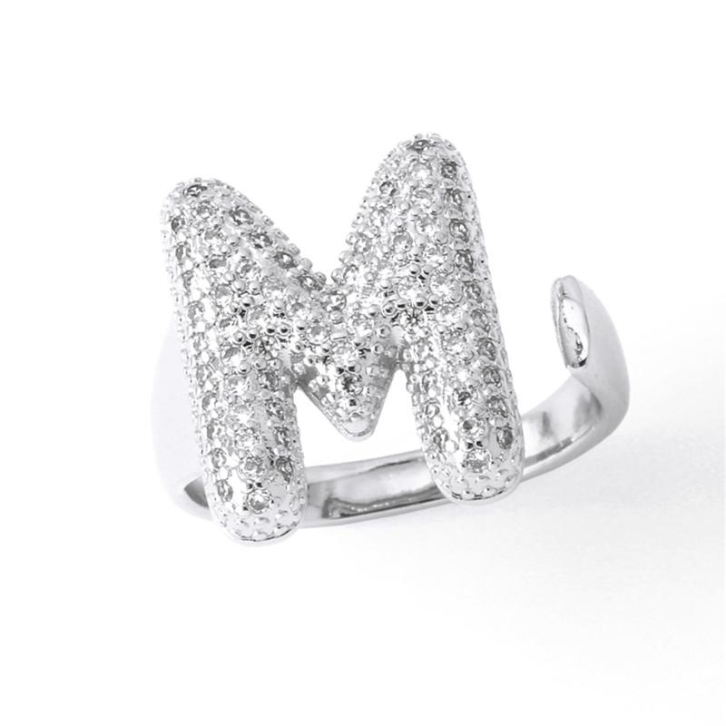Letter Design Ring with Clear Stone Detail, Copper Base Fashion Jewelry for Daily Outfits, Party Styling and Gifts