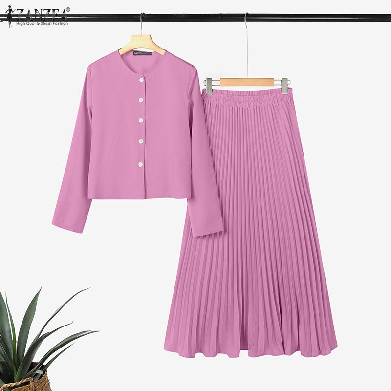 ZANZEA Women Long Sleeve Blouse and Pleated Skirts Casual Two Piece Suit Sets