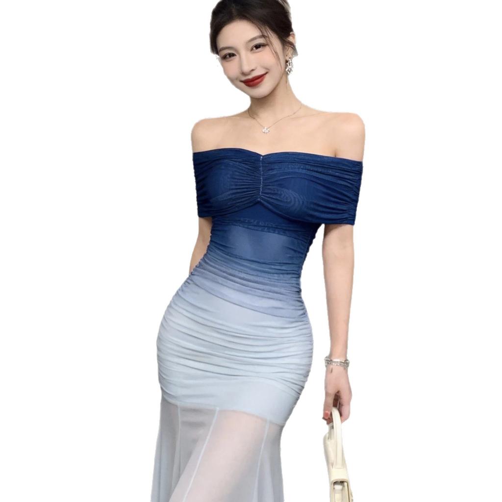 Royal sister beautiful temperament shoulder blue evening dress skirt female feeling gradual change of color mesh yarn hip fishtail skirt