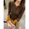 French Splicing Contrast Color Long-sleeved T-shirt for Women In Autumn, High-end Slim-fitting Waist Bottoming Shirt with Half-open Collar Top