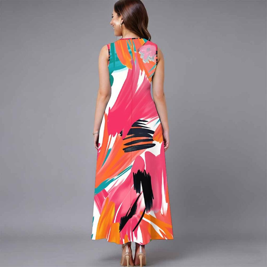 Ladies Oversized Sleeveless Crew Neck Dress Vivid Mixed Tropical Foliage Flowy Calf Length Gown