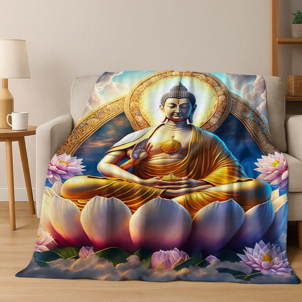 Faith Solemn Buddha Sakyamuni Flower Flannel Blanket,Cozy Soft Throw Blanket for Home Bedroom Bed Sofa Picnic Cover Gift Kids