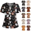 Women's V-Neck Short Sleeve Halloween Print Scrub Top with Pockets and Side Slits