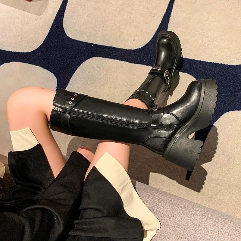 Fashion Women's Thick Heel Cotton Boots New Winter Round Head Side Zipper Rivet Metal Belt Buckle Thick Sole Non-slip Boots