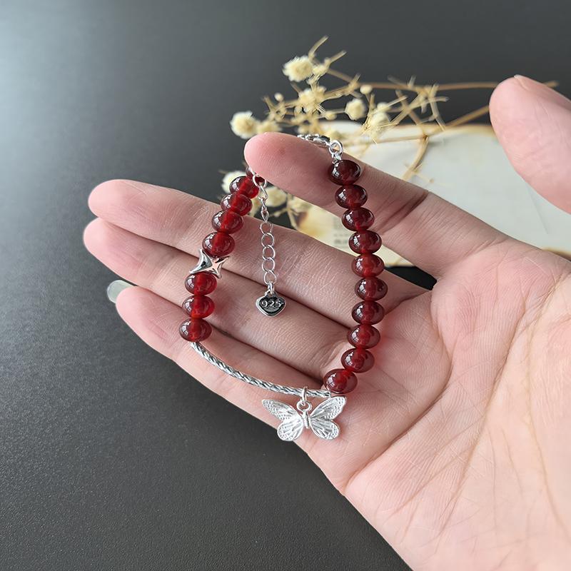 Silver Plated Bracelet for Women Pearl Red Agate Turquoise Glass Fish Butterfly Geometric Elastic Jewelry Party Gift