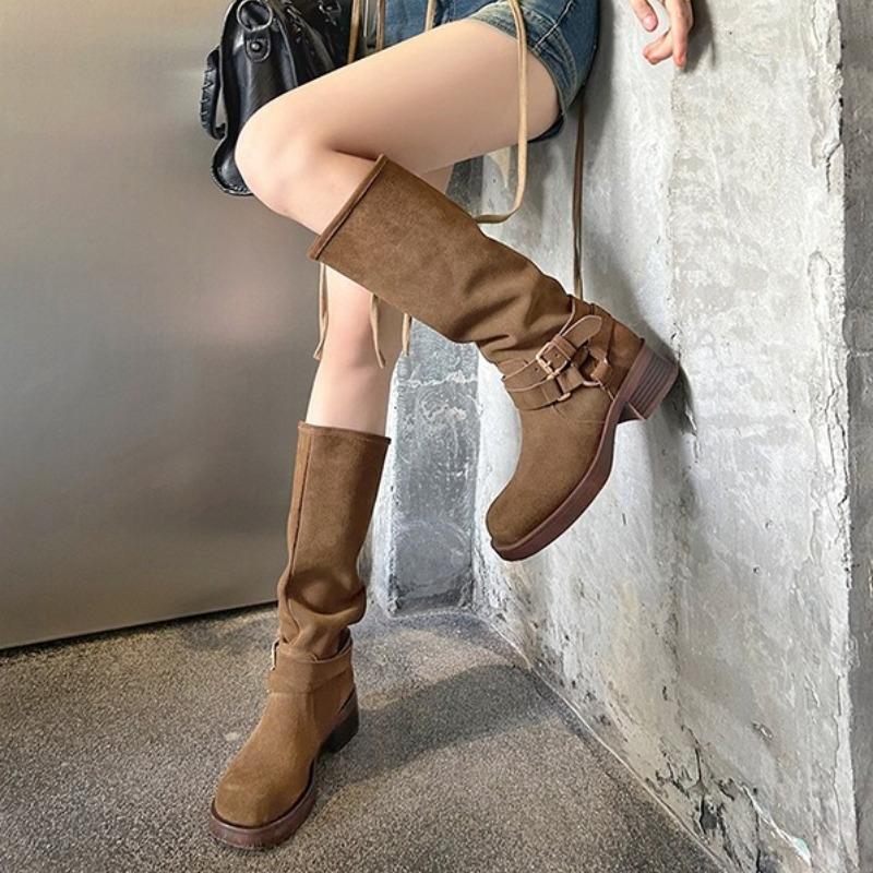 Fashion Women Knee-High Boots Spring Elegant Women Shoes Designer Chunky High Heel Long Booties Suede Party Shoes Western Cowboy Boots