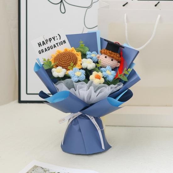 Handmade Crochet Flower Bouquet Completed Knitted Sunflower Puff Flower Doll Graduation Bouquet Teacher Appreciation Gifts for Grad Party Favors