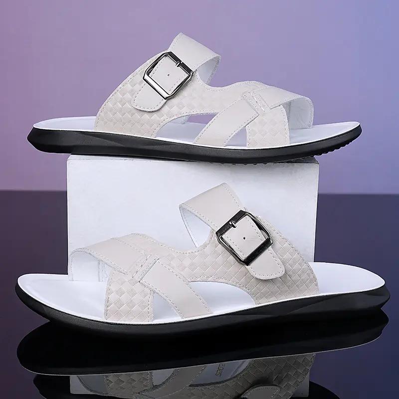 Men's Leather Slide Sandals Adjustable Buckle Casual Non-slip Summer Beach Slippers