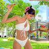 New Korean Version Triangle Bikini Sexy Halter Lace-up Gathering Shoulder Double Belt Split Swimsuit Female Bikini