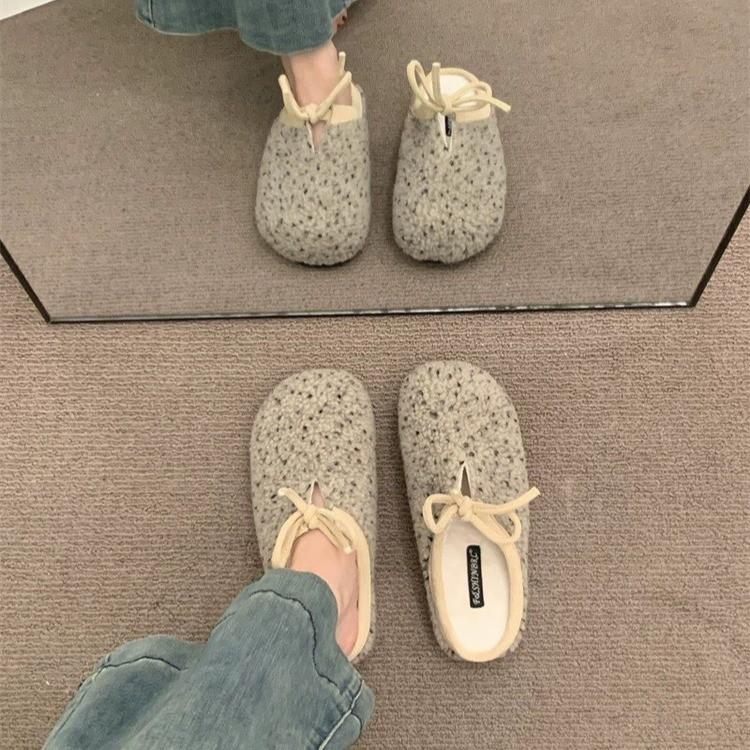 Korean Version of Ancient Covered Round Head Lace-up Bow Doudou Cotton Shoes, Inner Height Increase, Plush Warm Fluffy Shoes for Women's Autumn a