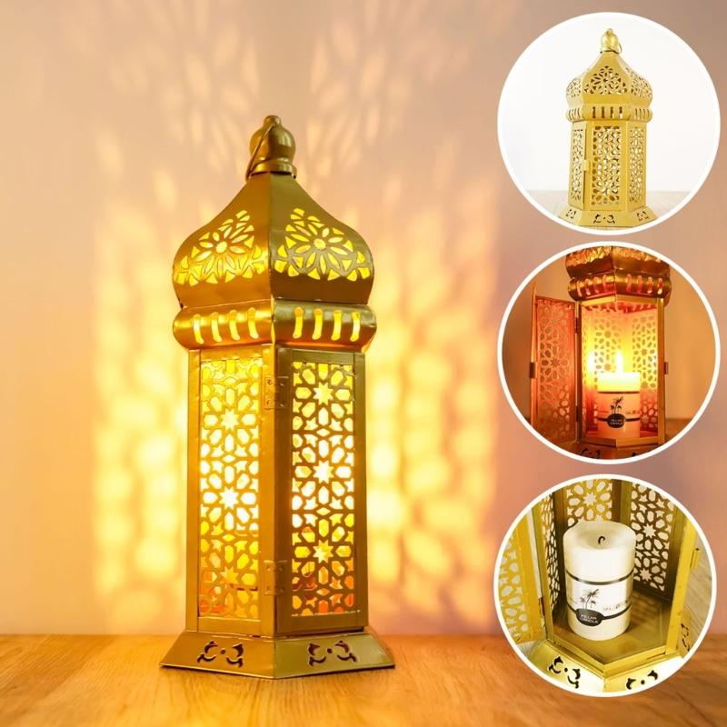 Decorative Candle Lanterns Moroccans Lanterns Retro Golden Metal Lanterns Candle Holders for Home patios Outdoor Decors