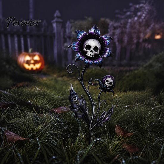 Scary Garden Ornaments Halloween Stake, Waterproof Spooky Skull Flower Lawn Art, 2D Creepy Decorative Haunted House Supplies Metal Plant Stake