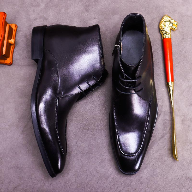 Fashion Men's Boots Winter Warm Dress Zipper Men's Leather Boots British Men's Boots Genuine Leather Boots Non Slip Soles