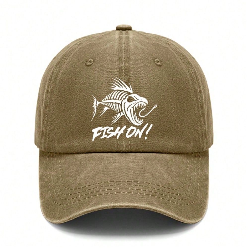 [Fishing Baseball Cap] Vintage Washed Unisex "FISH ON!" Print Polyester Adjustable Curved Brim Outdoor Sports Hat For Camping Beach Daily Wear - Dad