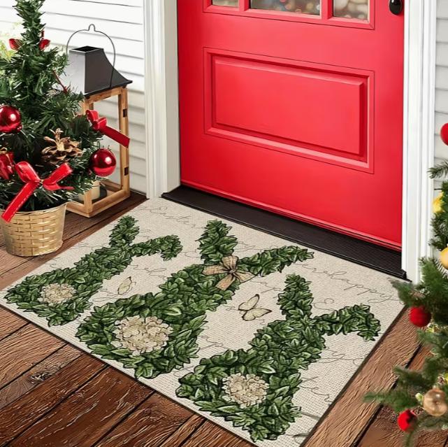 Easter Happy Welcome Mat with Cute Rabbit and Colorful Egg Anti Slip Farmhouse Floor Mat Suitable for Use Entrance Decoration