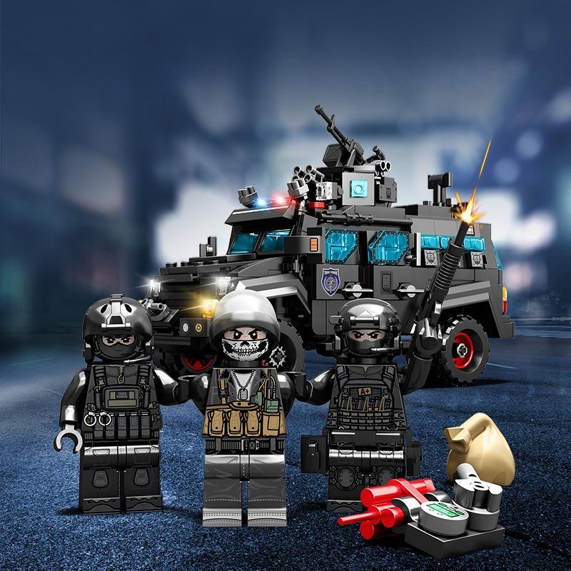 721pcs City Series Black Special Police Armored Vehicle Patrol Car Building Block Toy