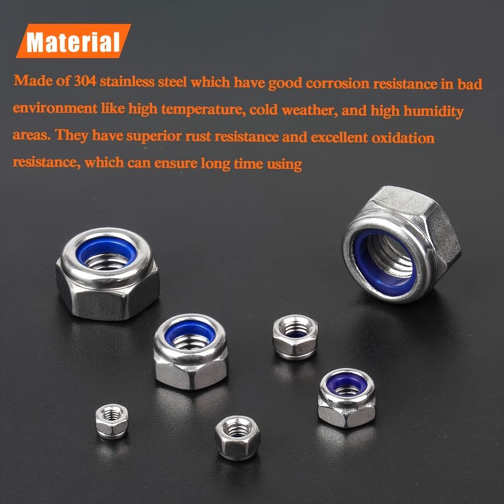 230pcs Grade A Stainless Steel Lock Nut Set with Nylon Inserts, Fully Threaded, Right Hand Thread, Anti-Loosening Design