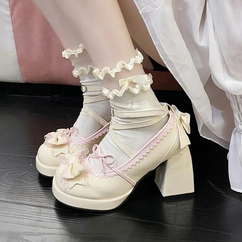 Fashion Thick Heel High Heels Cute Bow Knot Women's Shoes Sweet Lolita Water-Proof Platform Summer Flat Shoes round Toe Loafers