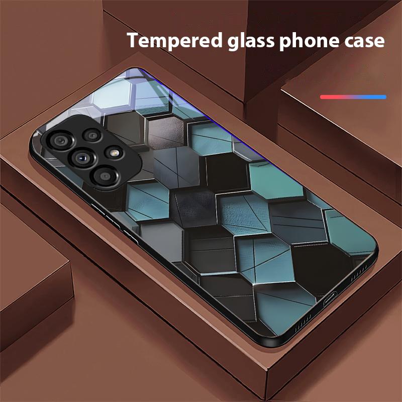 Honeycomb Texture For Samsung Galaxy S10 S20 Plus S21 FE S22 S23 S24 FE S25 Ultra Black Tempered Glass Phone Case Hard Shell