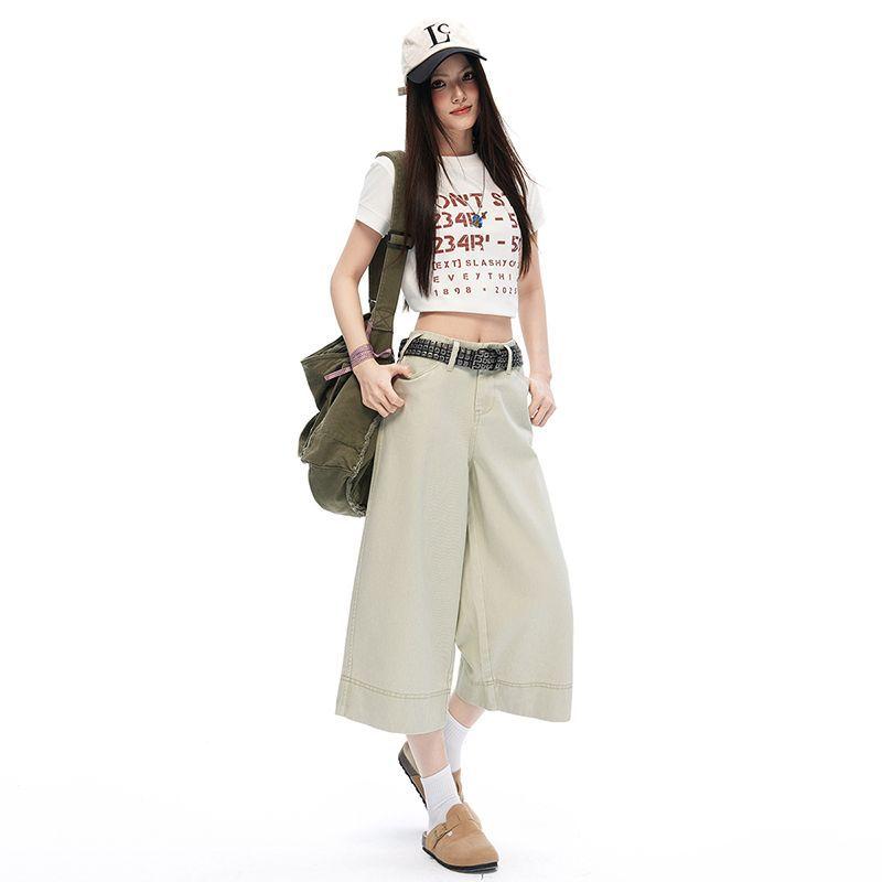 Trendy Summer Vintage High Waist Draped Wide Leg Straight Denim Cropped Capri Pants Versatile Slimming Classic Daily Pants