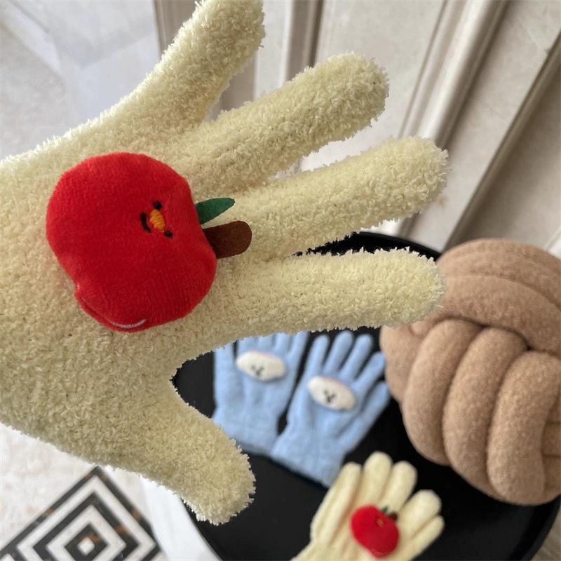 Cute Curly Dog Red Apple Gloves Plush Coral Fleece Cold-Proof Gloves Student Winter Warm Five-Finger Gloves Girl Christmas Gifts