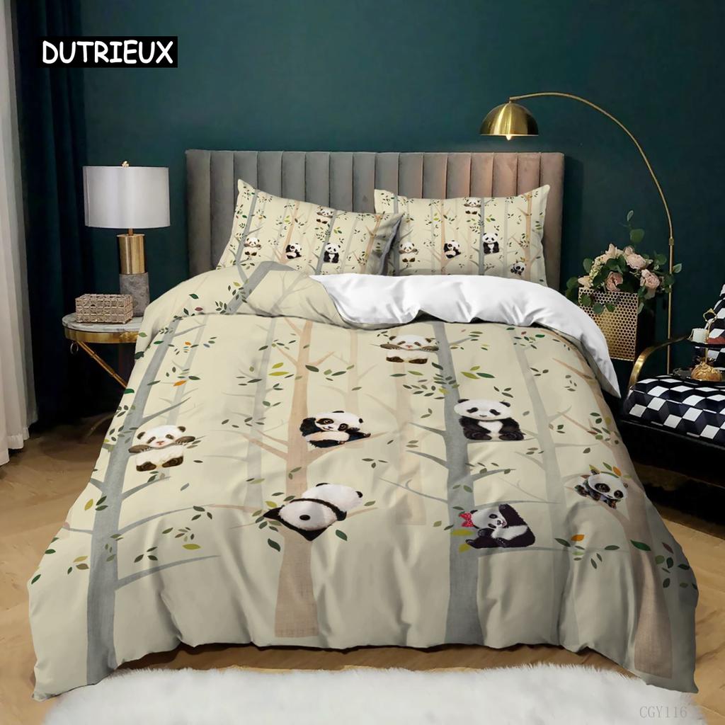 Panda Duvet Cover Cartoon Panda Printed Bedding Set For Kids Boys Girls Microfiber Cute Animal Comforter Cover 2/3Pcs Full Size