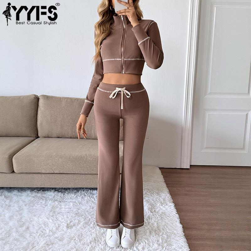 YYFS Women's Fashion Casual Spring Autumn Solid Color Print Long Sleeve High Neck Trousers Pants Suits