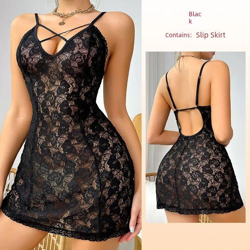 

New Arrival Sexy Cutout Date Nightdress/Lace Suspender Skirt/Deep V Perspective Bodycon Dress/Temptation Sexy Sleepwear Black L