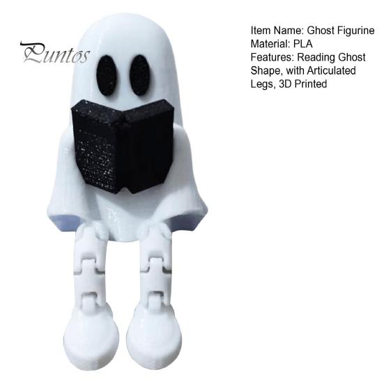 Desktop Ghost Ornament Reading Figurine with Articulated Legs, 3D Printed Sitting Statue, White Desk for Halloween Decoration Artistic