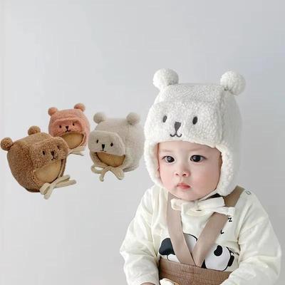 Cartoon Bear Baby Ear Protection Hat Winter Warm Lamb Wool Earmuff Cap for Infant Boy Girl Solid Color Cartoon Kids Beanie Caps