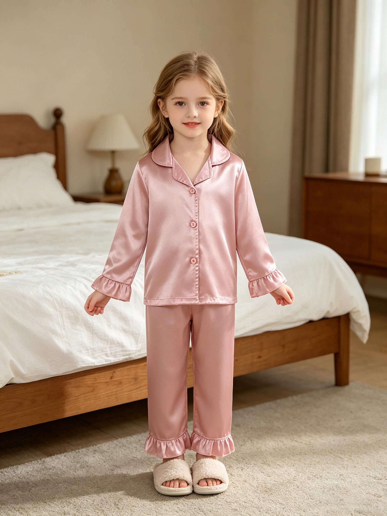 Girls Satin Pajama Set, Pink Ruffle Long Sleeve Button Down Sleepwear, Silky Loungewear for Kids 4-7 Years 4Y розовый