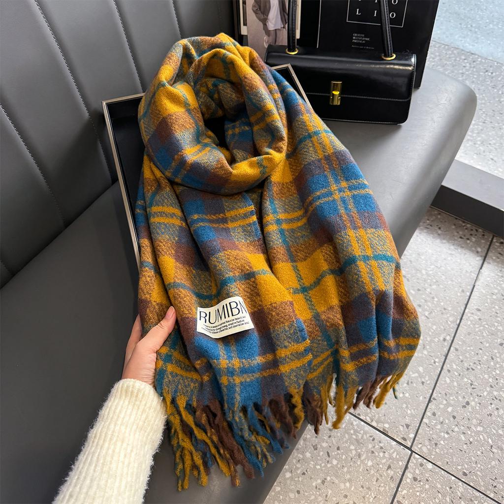 Karierter Mode-Schal Damen Winter Verdickter Schal Alles Warmes Lätzchen Doppelseitige Lange Imitat Kaschmir Schals Cape Bandana