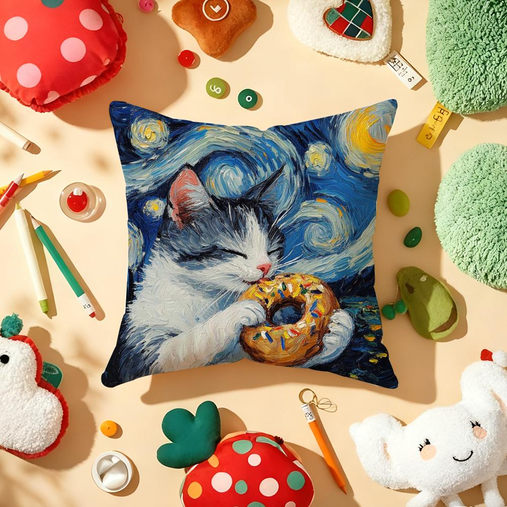 Van Gogh Starry Sky Kawaii Cat Pillow Case Plush Fabric Soft Double-Sided Printed Sofa Warm Winter Home Gift Cushion Cover