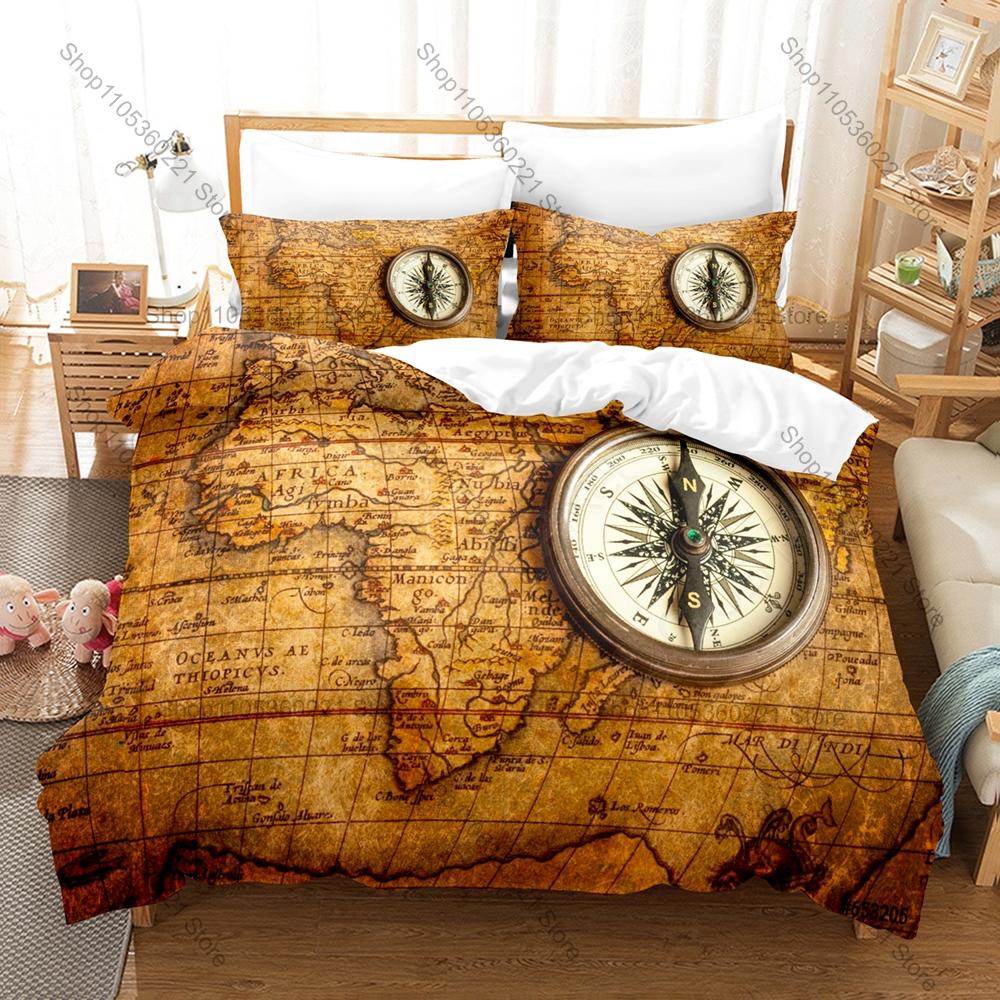 Set Biancheria da Letto Bussola Mappa Retro, Copripiumino + 2 Federe, Lenzuola Grafiche Classiche di Navigazione