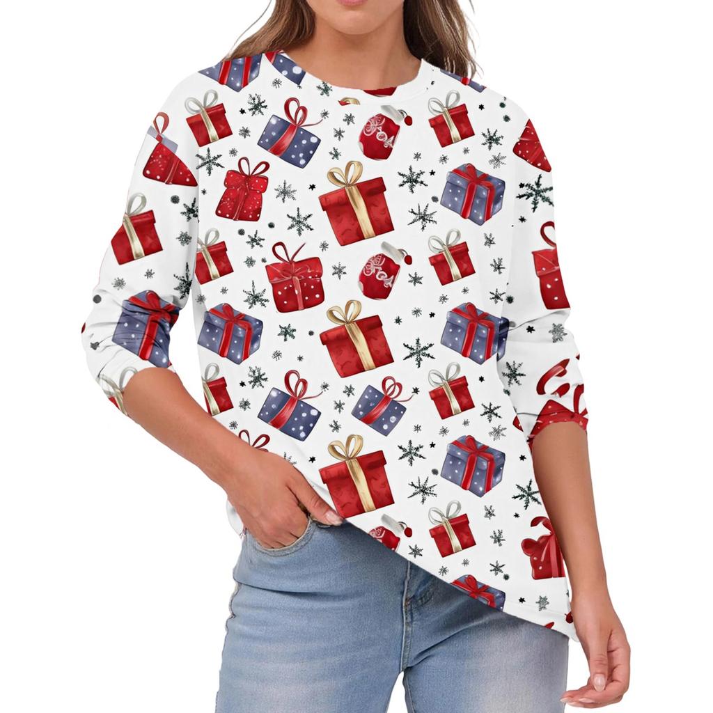 Damska Moda Casual Świąteczny Nadruk Okrągły Dekolt Jednolity Kolor Długi Rękaw Top