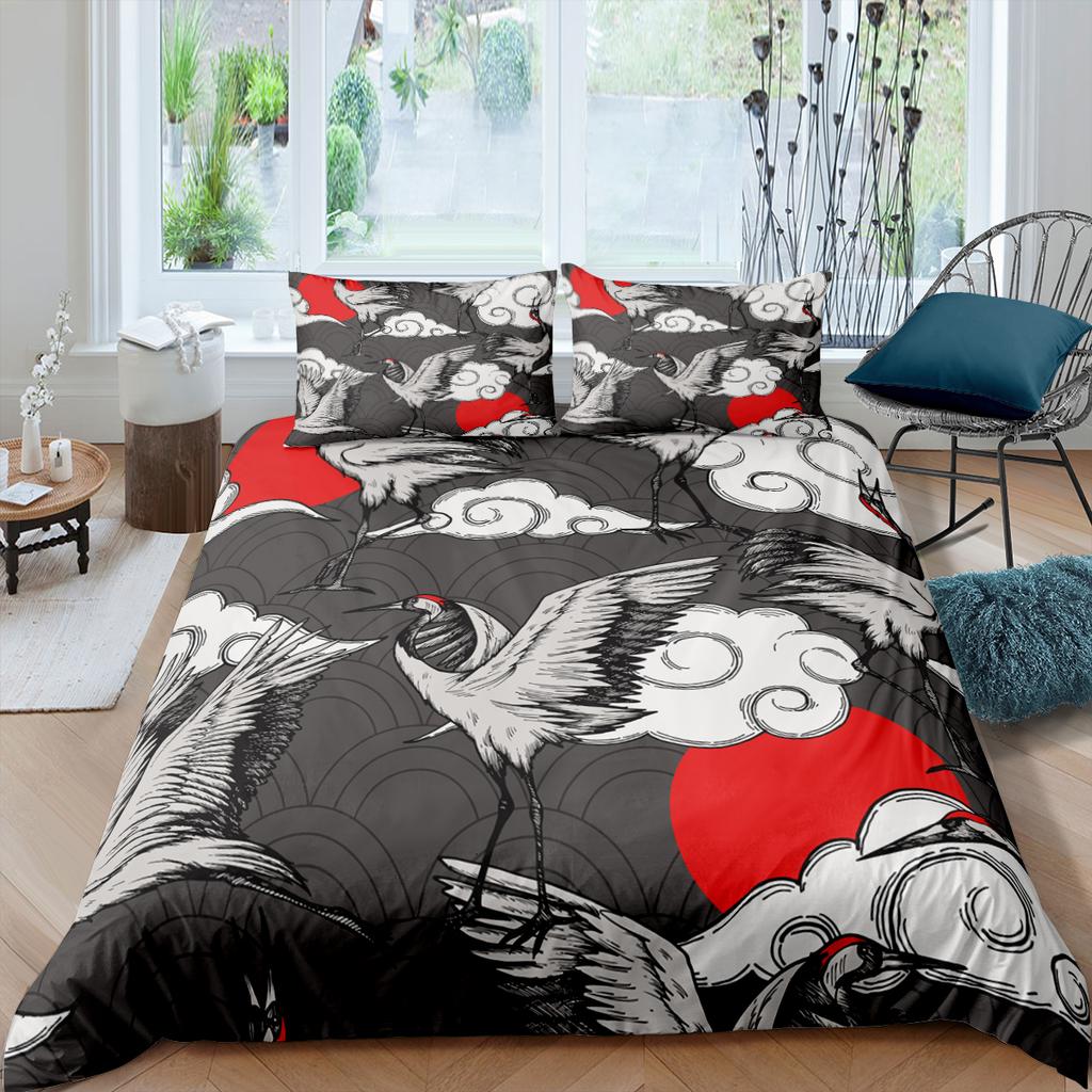 Japanese Crane Duvet Cover King Queen Size Wave Flower Ukiyo-E Style Bedding Set Eastern Culture 2/3Pcs Polyester Quilt Cover