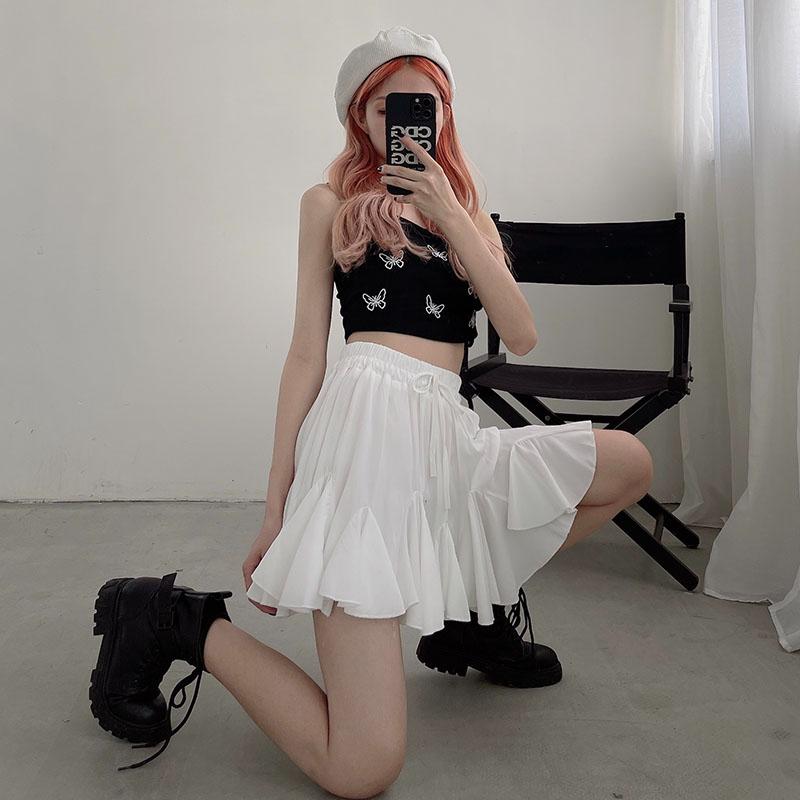 Λευκή Πλισέ Φούστα Μπαντάζ για Γυναίκες Καλοκαίρι Ψηλόμεση Α-γραμμής Μίνι Φούστα Φουσκωτή Βολάν Στενή Χαριτωμένα Ρούχα Γυναικεία Vintage