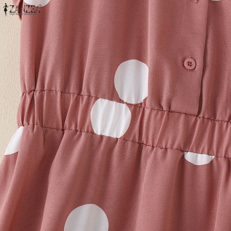 ZANZEA Women Casual Turn Down Collar Loose Short Sleeve Polka Dot Print Dress