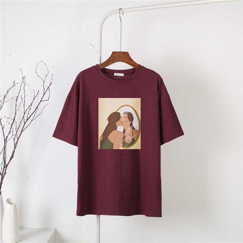 

Shellsuning летние хлопковые базовые футболки с короткими рукавами в стиле ретро, ​​эстетичные футболки с рисунком персонажей, женские элегантные свободные уличные женские топы 3XL вино красного