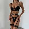 Red Punk-Style Lace-Up Front Bra Set With Metal Chain Detail Women Sexy Lingerie 4-Piece