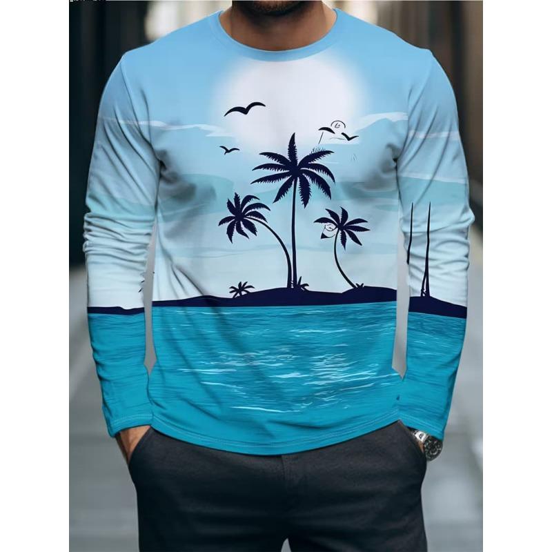 Men's Casual Autumn and Winter Printed Long-sleeved Crew Neck T-shirt