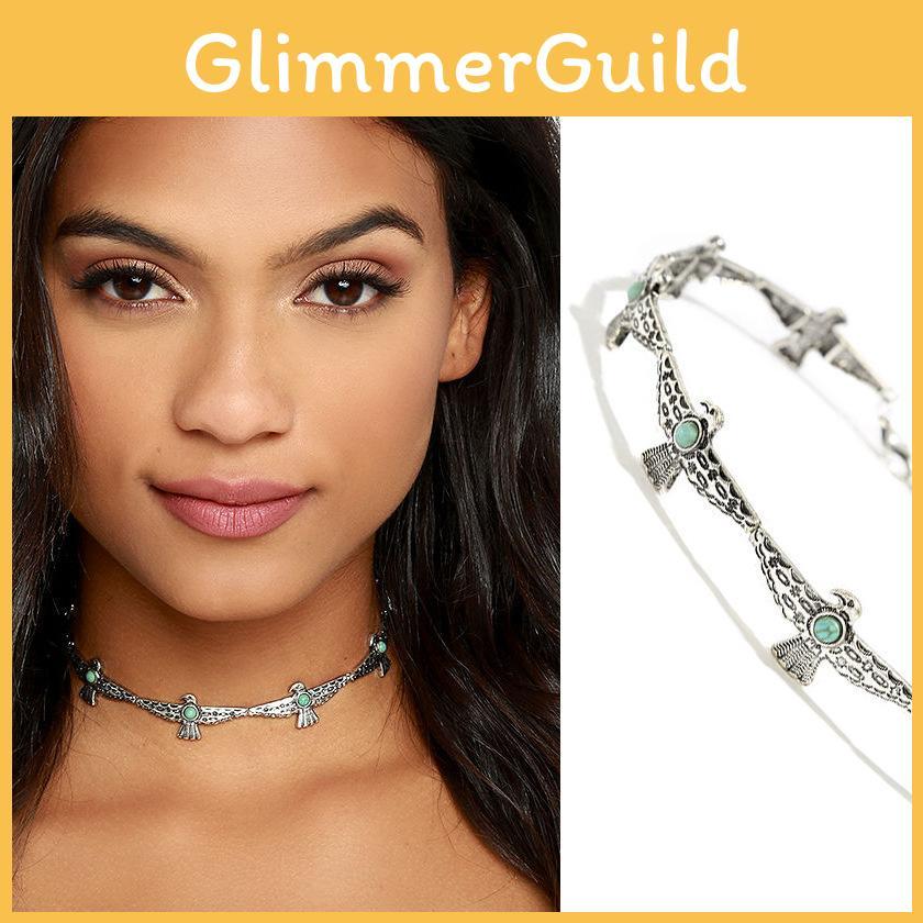 Feminine Antique Silver Necklace With Bird Design Artificial Turquoise Decor For Casual Wear