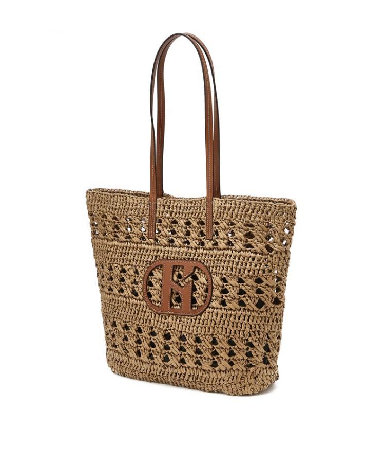 Hazzys Women Acc Handmade H Leather Patch Beige Rattan Shoulder Bag Hiba6E791I2