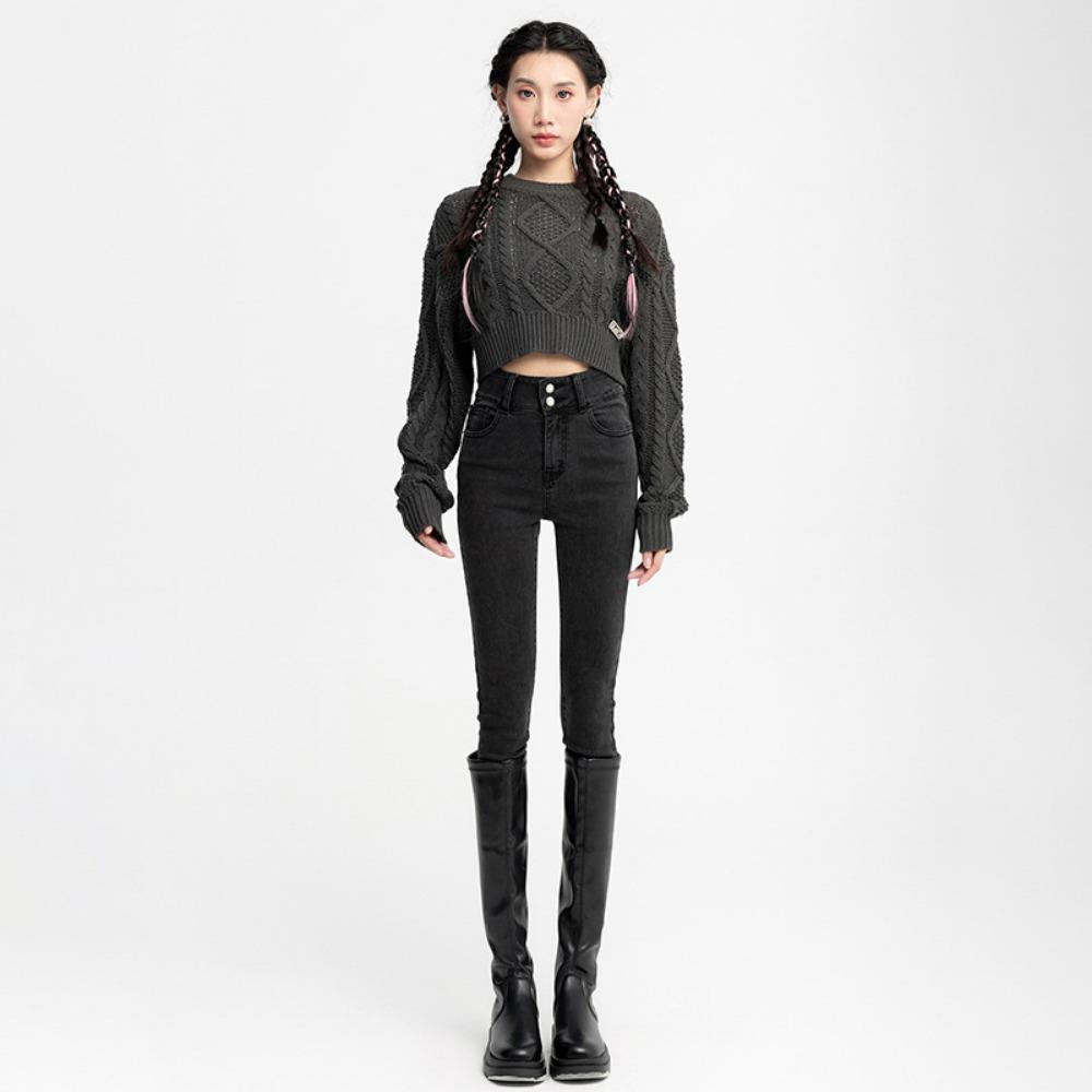 Double-buckle Elastic High-waisted Small-footed Jeans for Women's 2025 Autumn and Winter New Leggings, Pencil Jeans Look Thin
